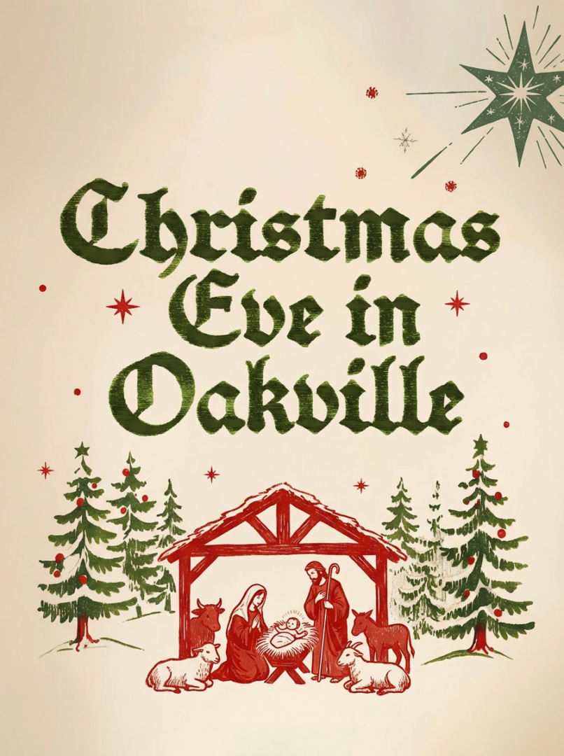 Graphic design image promoting Christmas Eve in Oakville, featuring the nativity scene.