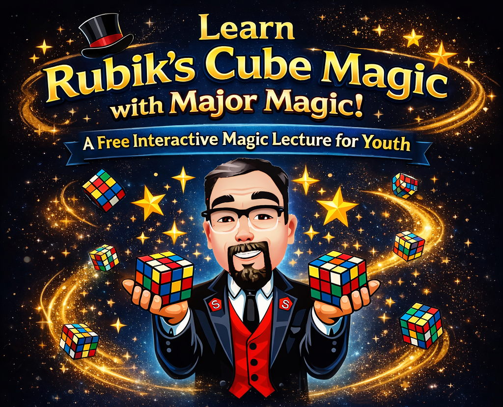 Cartoon character holding Rubik's cube with a title: Learn Rubik's Cube Magic with Major Magic.